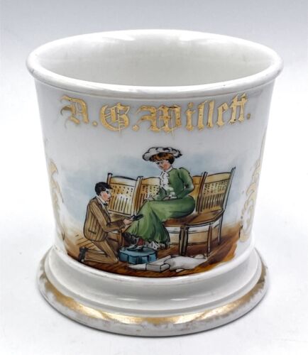 1900 HAND PAINTED OCCUPATIONAL SHAVING MUG SHOE STORE OWNER MUG STORE INTERIOR - Picture 1 of 4