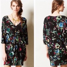 Anthropologie Maeve Black Floral Petal Print Tunic V-neck Dress Small