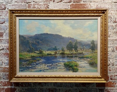 Bertram Priestman -1918 Beautiful Countryside in a River Landscape -Oil painting