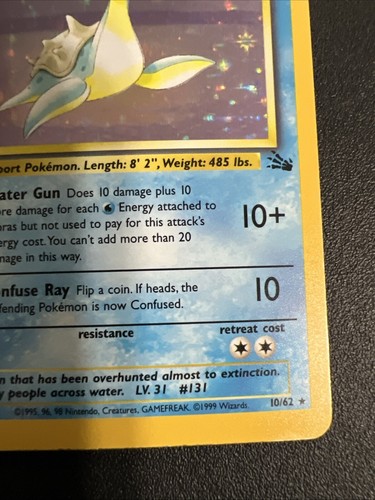 Vintage Basic Pokemon Lapras - 10/62 - Holo Rare Card 1999- 80 HP #1 - Picture 13 of 24