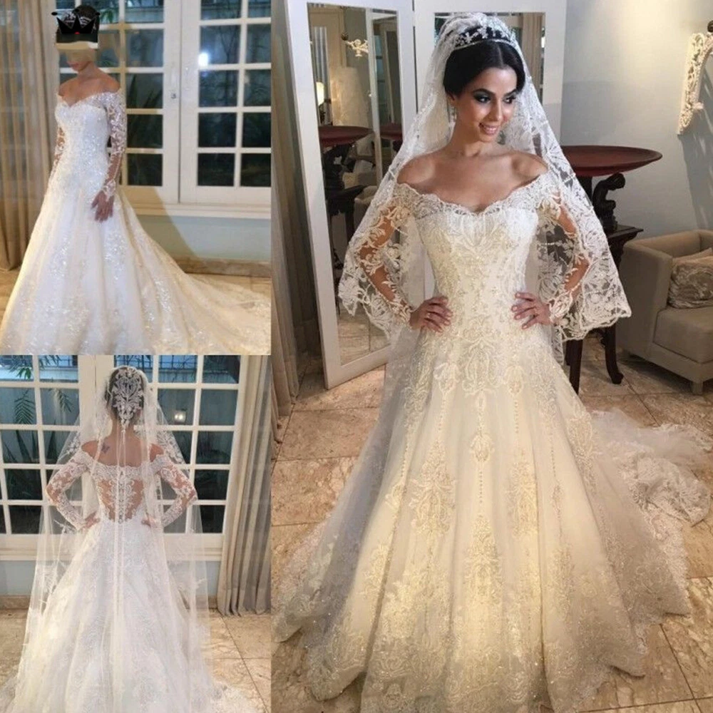 Long Sleeves Wedding Dresses A Line Wedding Gowns Beaded Bridal Gowns Appliques - Picture 1 of 12