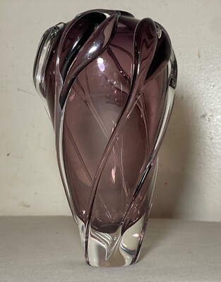vintage signed William Glasner 84 hand blown art studio glass purple leaf vase