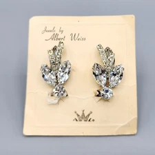 New Albert Weiss Clear Marquise Pave Accent Rhinestone Clip Earrings