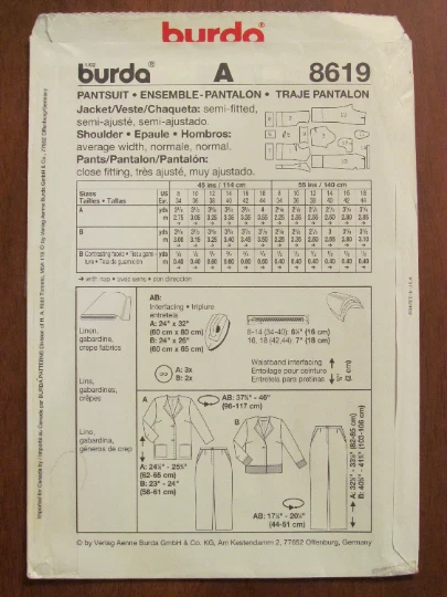 BURDA PATTERN - 8619 LADIES PANTSUIT JACKET V-NECK REVER PANT CROPPED 8-18 UNCUT - Image 2 of 2