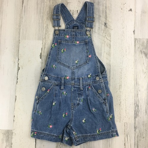 Gap Kids Girls Sz S 6 7 Floral Embroidered Shortalls Short Bib Overalls Denim
