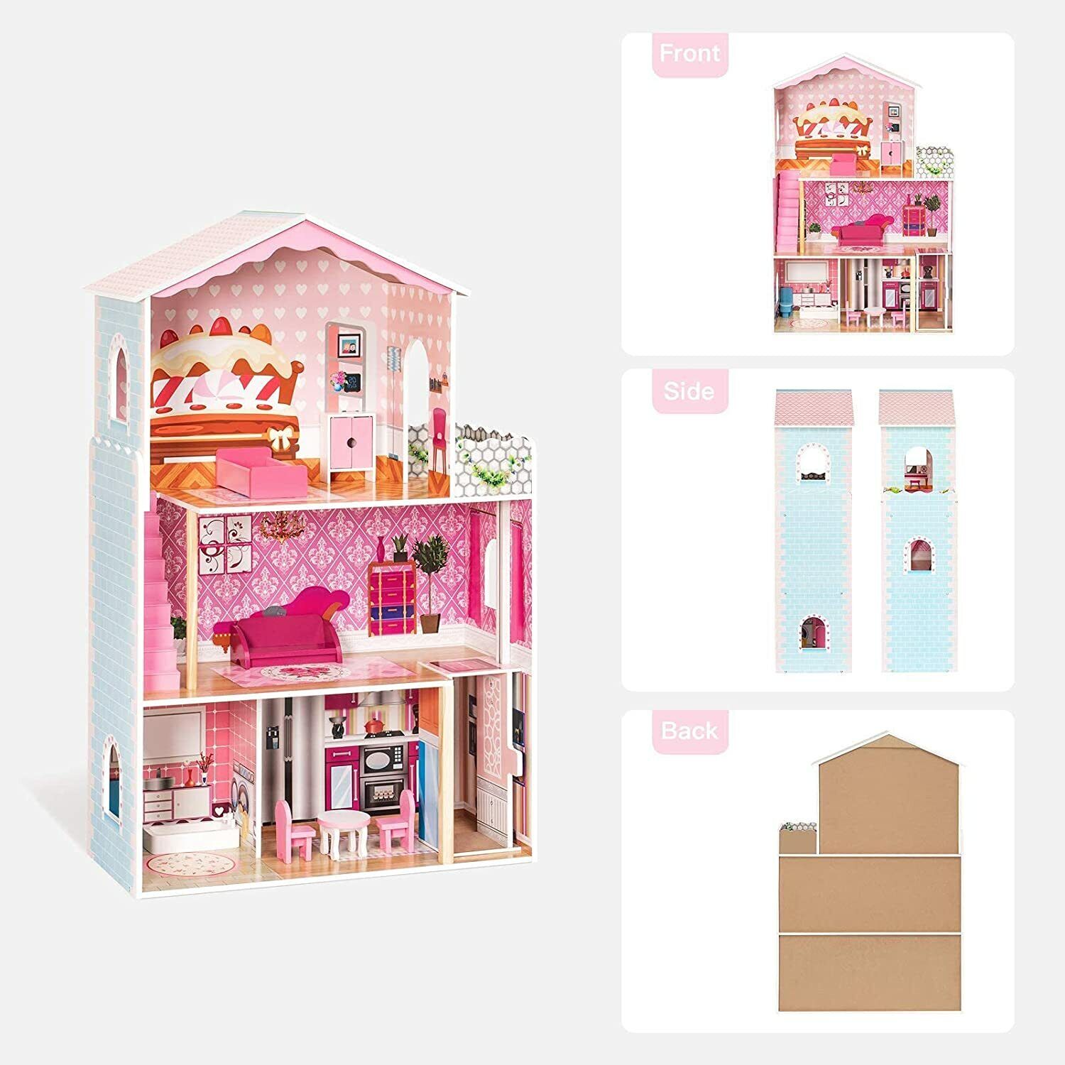 3 Level Girl DIY Wooden Pretend Play Doll House Kids Dollhouse Mansion 42''