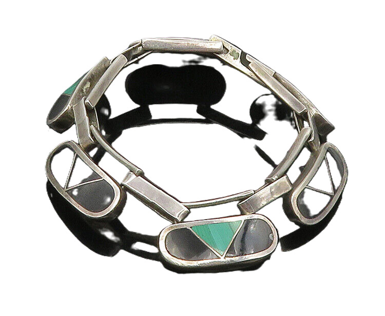 MEXICO 925 Silver Vintage Malachite & Black Onyx Chain MEXICO 925 Silver Vintage Malachite & Black Onyx Chain