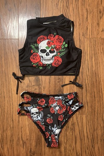 Sexy Goth Skull Flower Black Crop Top Booty Shorts Bikini Rave Set Size M - Picture 3 of 7