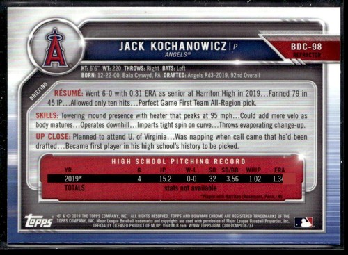2019 Bowman Draft #BDC-98 Jack Kochanowicz Chrome Refractor JW - Picture 2 of 2