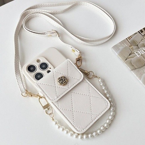 For Samsung iPhone Crossbody Pearl Chain Card Wallet Bag Case Strap Phone Cover - Zdjęcie 17 z 18
