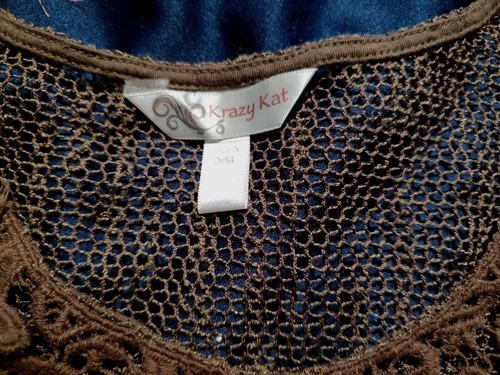 Krazy Kat Brown Crochet Net Lacy Top Long Sleeve XL Sequins Cracker Barrel EUC - Picture 13 of 21