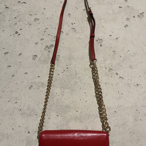 Michael Kors Cross Grain Leather Red Crossbody Goldtone Chain Strap - Picture 3 of 10