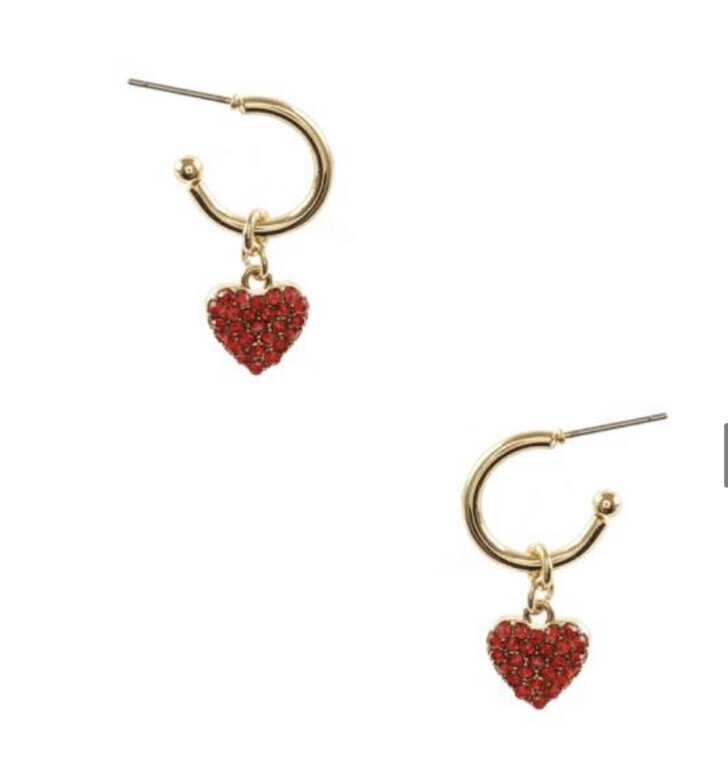 VALENTINES DAY RED RHINESTONE HEART PIERCED GOLD TONE HOOP