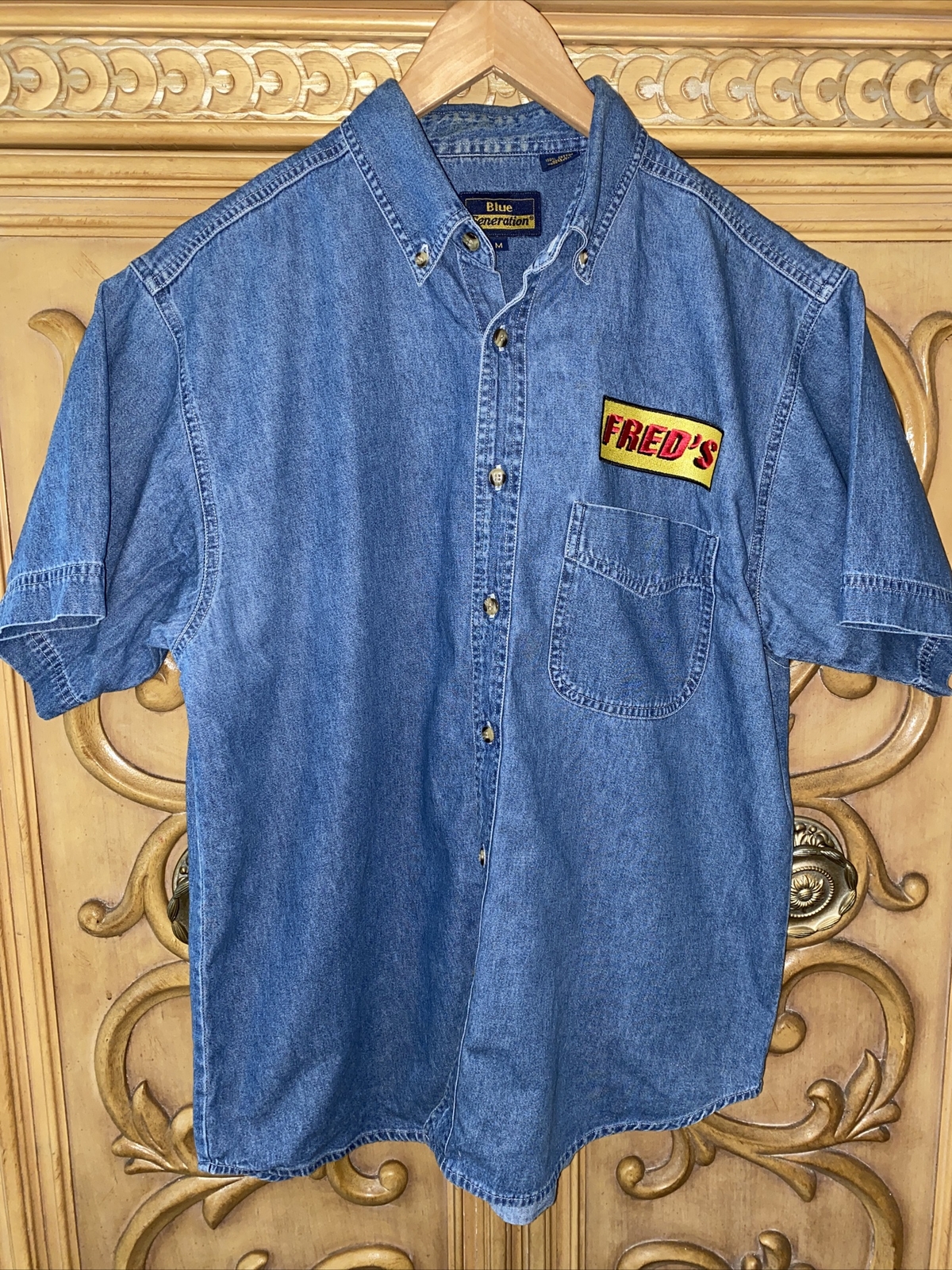 Blue Solid Short Sleeve Collared Button Down Deni… - image 2