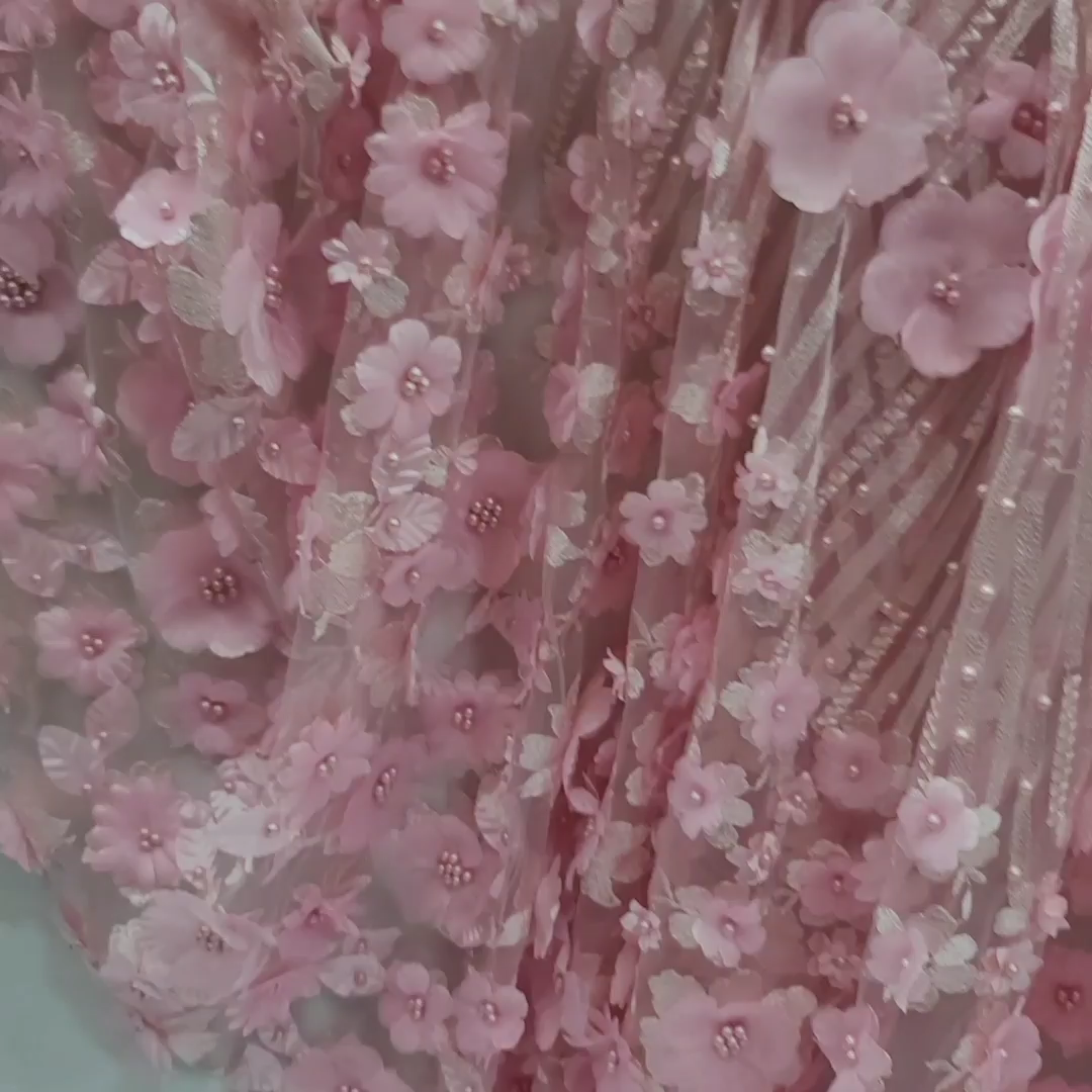 Pink Beaded Lace Fabric By The Yard 3d Floral Flowers