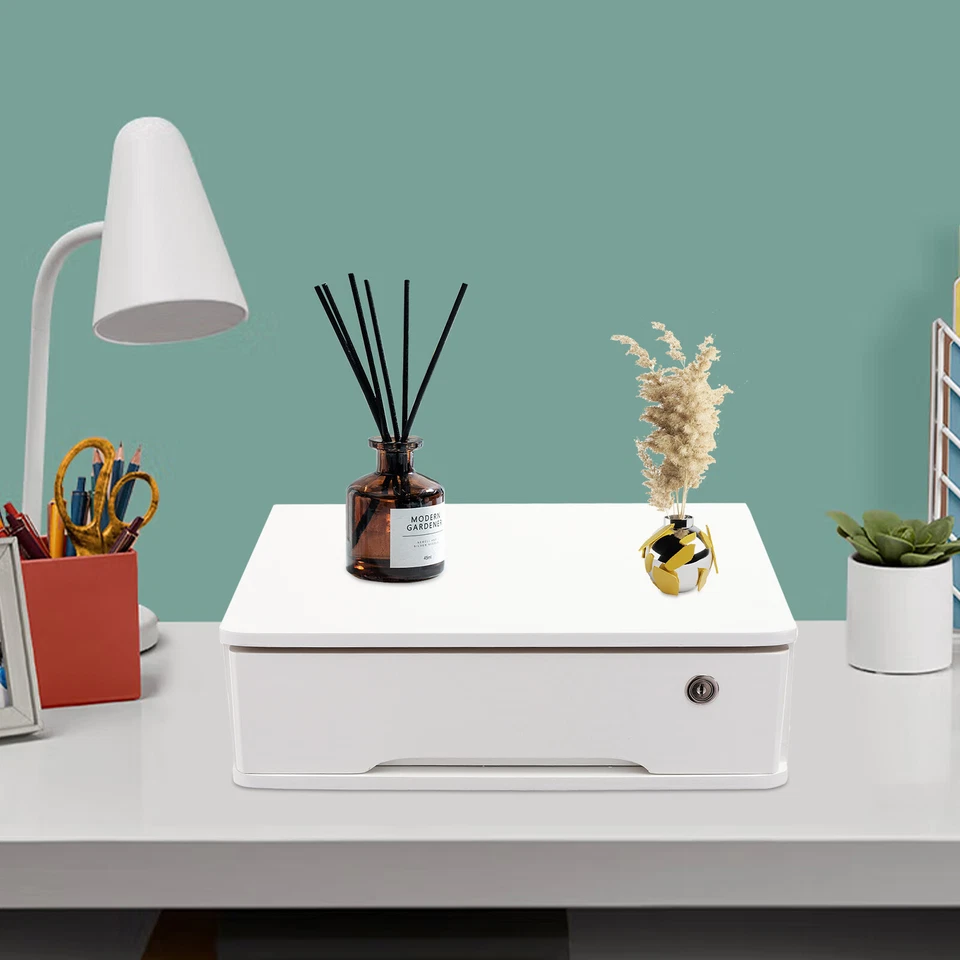 Desktop Storage Box with Lockable Drawer Office Supplies Drawer Organizer White - Image 2 of 4