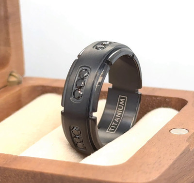 Unisex Black Titanium Engraved Band CZ Stepped Edge Ring Gift For Girlfriend