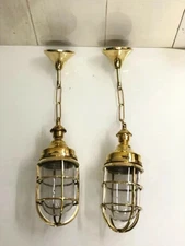 Set of 2 Nautical Brass Bulkhead Hanging Cargo Ship Passageway Light Marine Deco