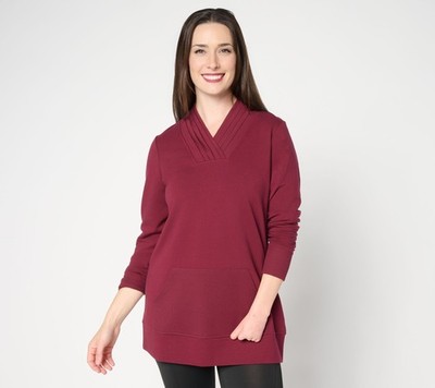 Denim & Co. Women's Top Petite 1XP Active French Terry Pleated V-Neck Red