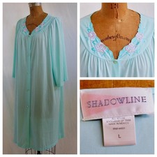 SHADOWLINE Blue Green Nylon Silky Button Front V Neck Robe Floral Applique L