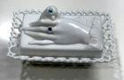 Antique Victorian Milk Glass Atterbury Bird In Hand Dove Lace Edge Covered Dish