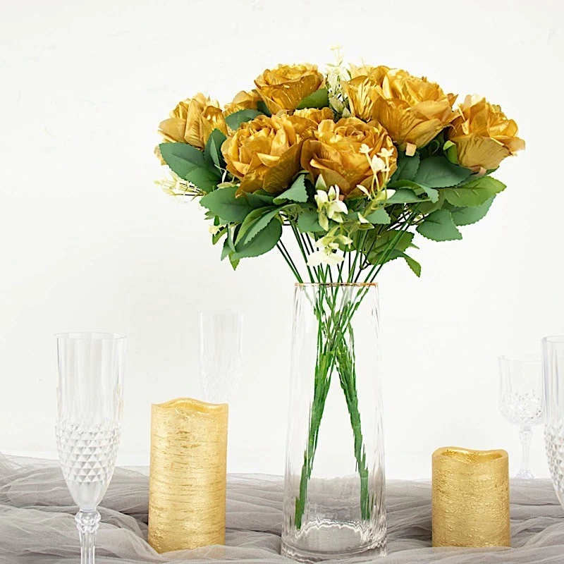 ORO 2 Arbustos 18" ARTIFICIAL Imitación Seda Rosa FLORES Ramo Boda Decoración Foto 4 de 4