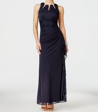 Betsy  Adam Women's Blue Ruched Embellished Halter Keyhole Gown Dress Size 6