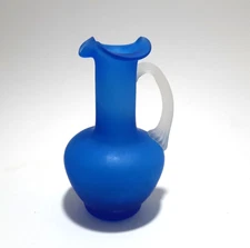 Vintage Frosted Blue Art Glass Mini Pitcher with Clear Ribbed Handle Ewer Vase