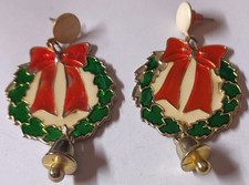 Vtg Christmas Wreath  Bell Pierced Earrings - Dangle - Metal - apprx 1.25" diam