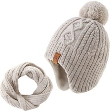 Boys Winter Hats Scarf Set Earflap Knitted Beanie for Kids Warm Fleece Lined ...