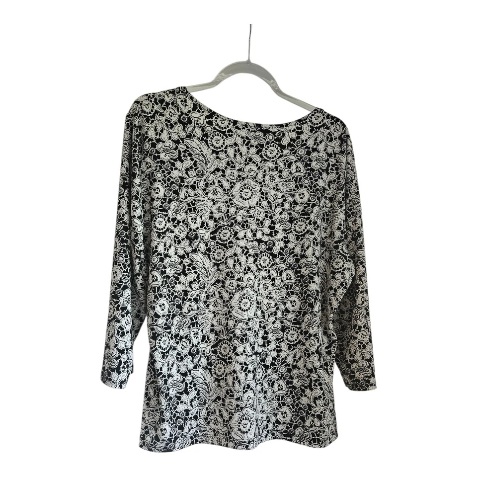 Blusa Top East 5th XL para Mujer Negra Blanca Manga 3/4 Floral Elastizada Cuello con Cuentas Foto 2 de 4