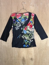 julie g pull over shirt womens size L floral long sleeve v-neck black
