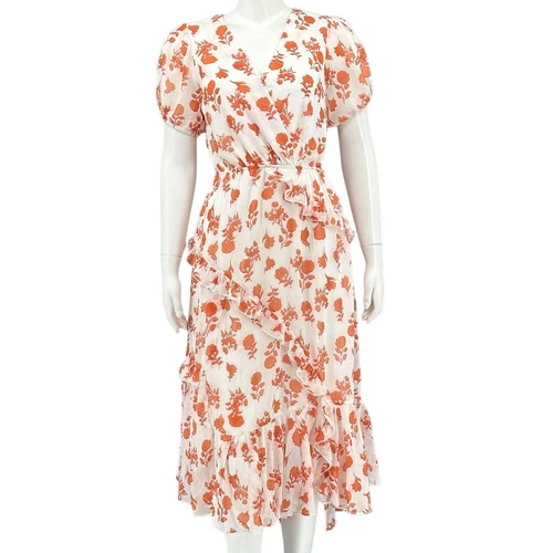 Gibson Latimer Dress Womens Small White Dove Orange Midi Floral Ruffles Cottage