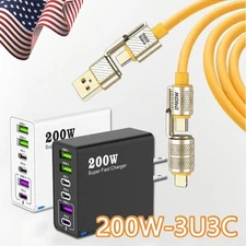 200W 6-Port USB Wall Charging Charger,4-in1 Fast Charge Cable For All Cell Phone