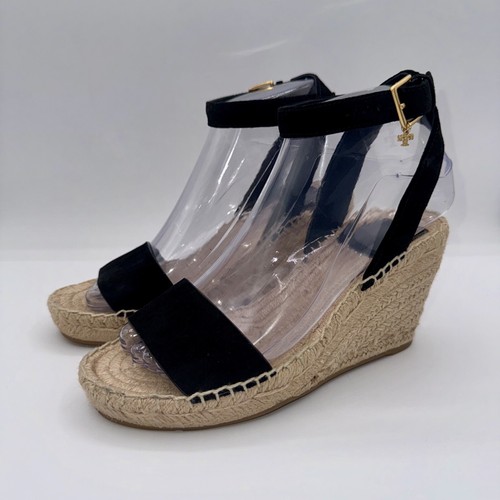 TORY BURCH Laurel Sandals Women’s Size 6 Black Leather Wedge Espadrilles