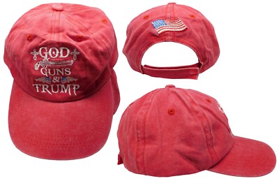 God Guns & Trump 2024 USA Flag Red Washed Adjustable Embroidered Cap Hat