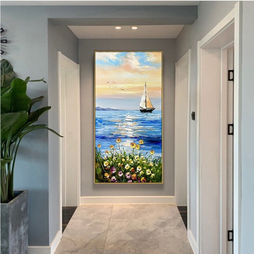 Arte de pared pintado a mano paisaje marino sobre lienzo decoración de pared amanecer junto al mar óleo - Imagen 3 de 6