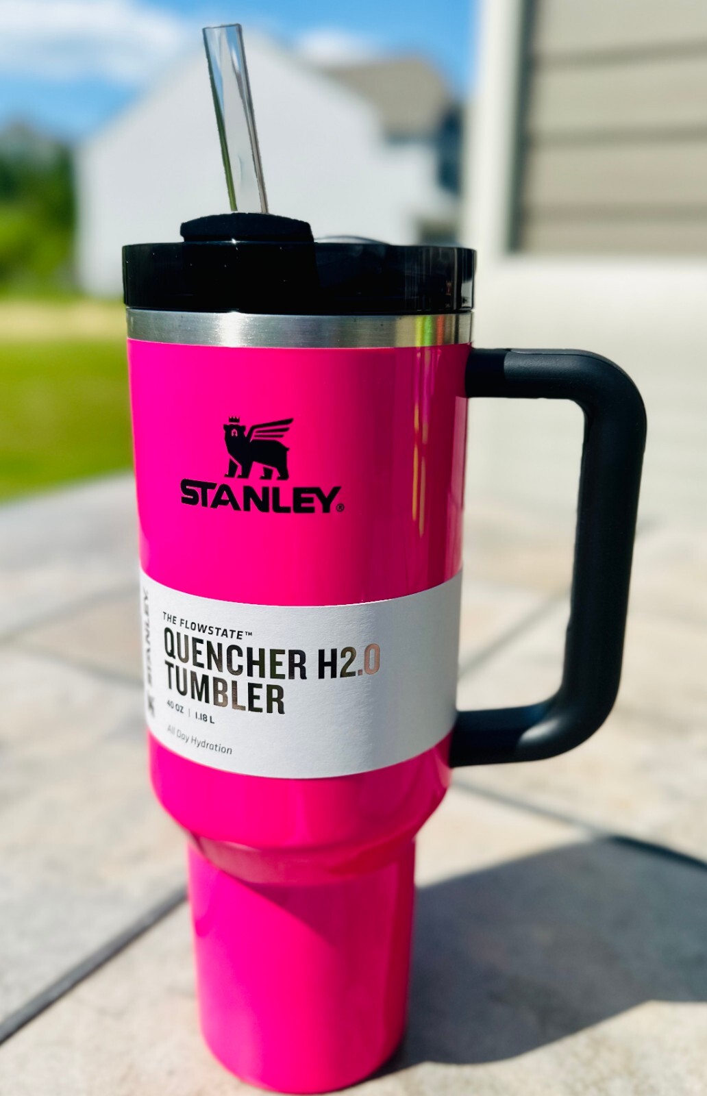 Electric Neon Pink Black Stanley Quencher H2.0 Tumbler 40oz