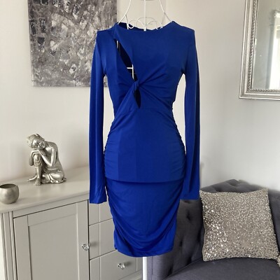 Cobalt Blue Round Neck Long Sleeve Cut Out Detailing Bodycon Mini Dress 34 UK 6