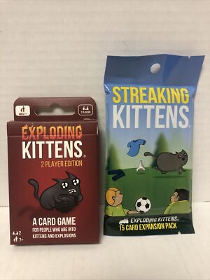Exploding Kittens 2 Player & Streaking Kittens 15 Card Second Expansion NEW Rare
