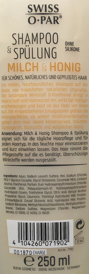 Swiss O•Par Shampoo & Spülung - Milch&Honig - Elastizität&Glanz - 250 ml Foto 2 de 2