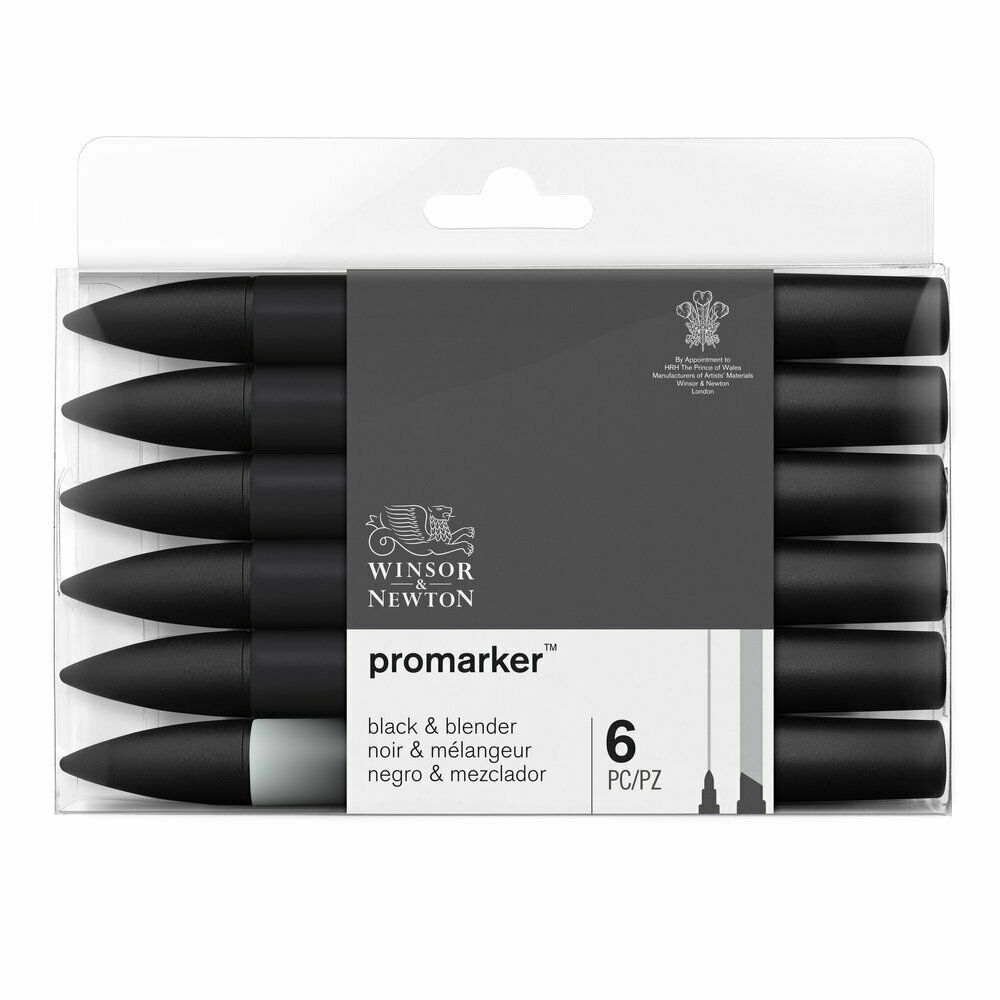 Winsor and Newton Promarker 6 Pen Pro Marker Set - Blacks and Blender - NEW