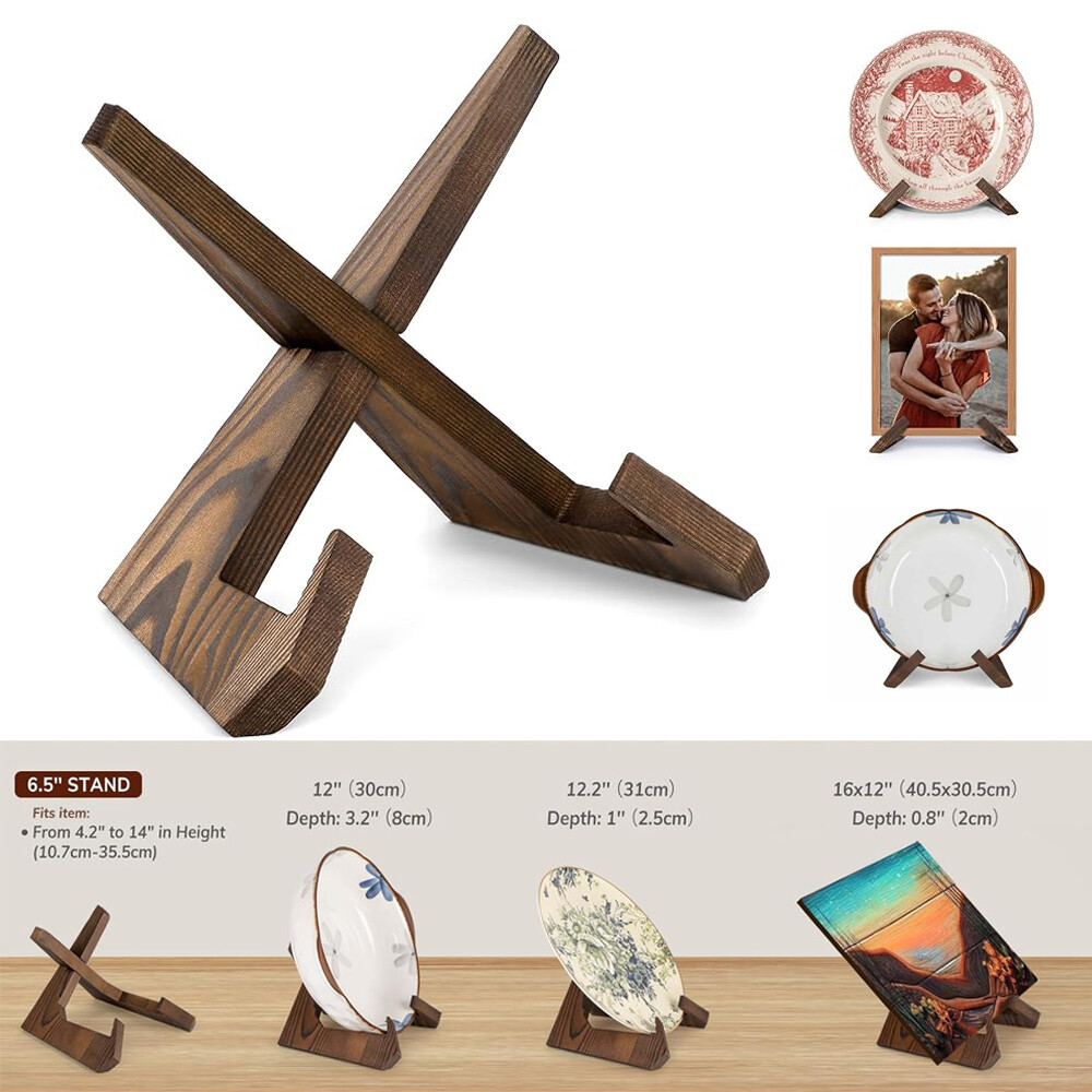 2Pack Acacia Wood Tabletop Plate Display Stand, Saucer Rack, Photo Frame Holder