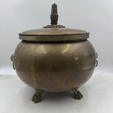 Vintage Brass Cauldron Pot Planter 13x10" Large Lion Rings w/ Lid  Footed