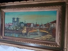 VTG MARY BOTTO ORIGINAL PAINTING HARBOR SCENE WATER EUROPEAN FRAMED 32x20 ESTATE