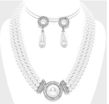 White Necklace Set Faux Pearl Bead Crystal Rhinestone Prom Bridal Earring Silver