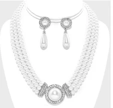 White Necklace Set Faux Pearl Bead Crystal Rhinestone Prom Bridal Earring Silver