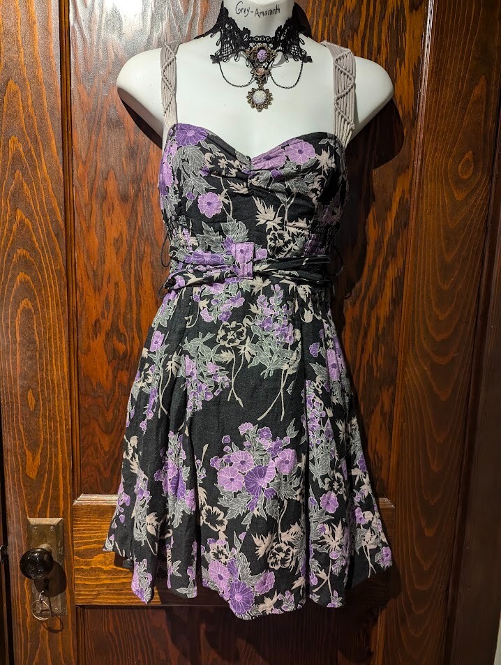 FREE PEOPLE purple black floral cottagecore mini dress macrame lace straps  S 1F