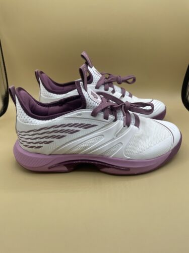 Sz 10 M K-Swiss Speed-Trac Low Wht Purple Women Pickleball Tennis Court Shoe NEW