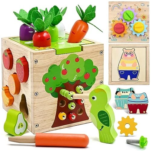 Activity Cube Toys for 1 Year Old Boy Girl, Wooden Toys Montessori